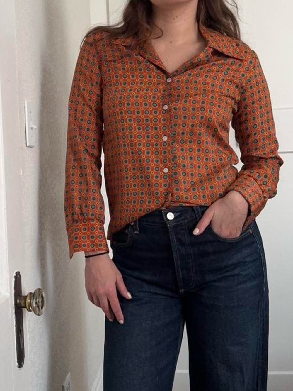 Vintage 70s Novelty Patterned Red Button Down with Dagger Collar